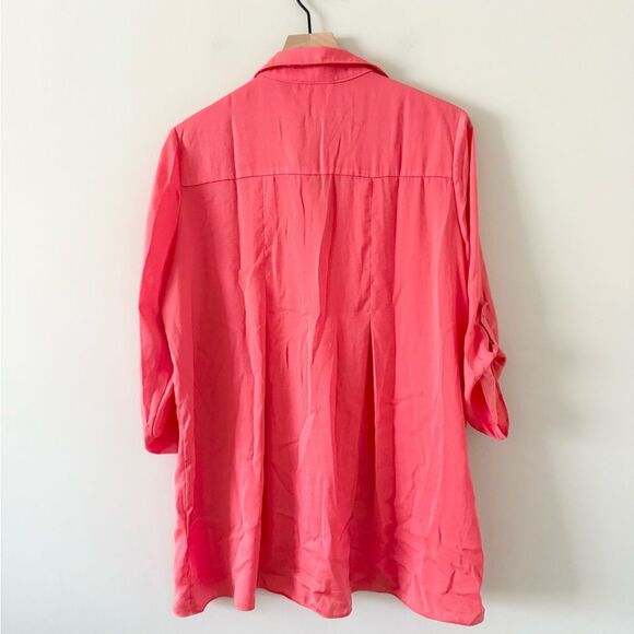 Renuar Splice Neckline Collared Long Sleeve Satin Blouse in Coral Size L - Picture 6 of 8